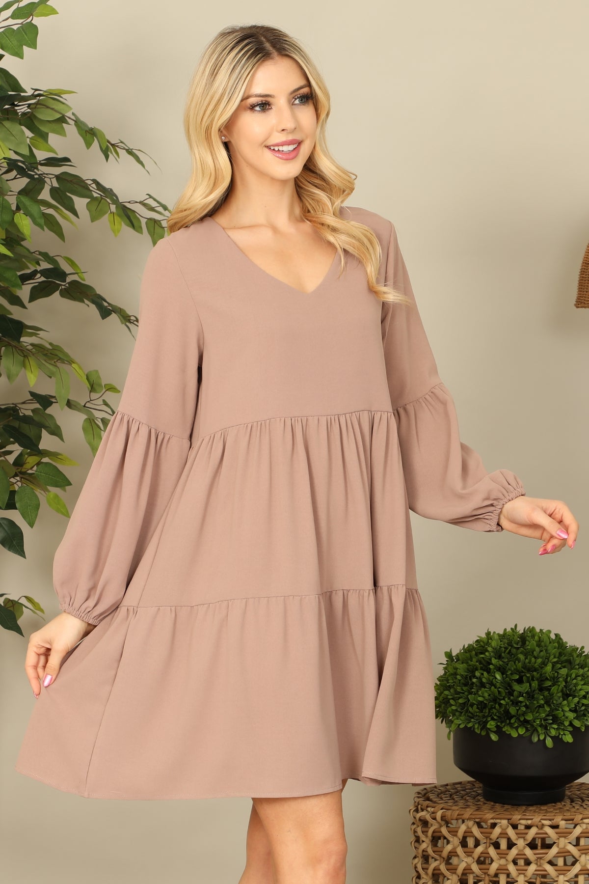 Taupe V-Neck Puff Tiered Dress