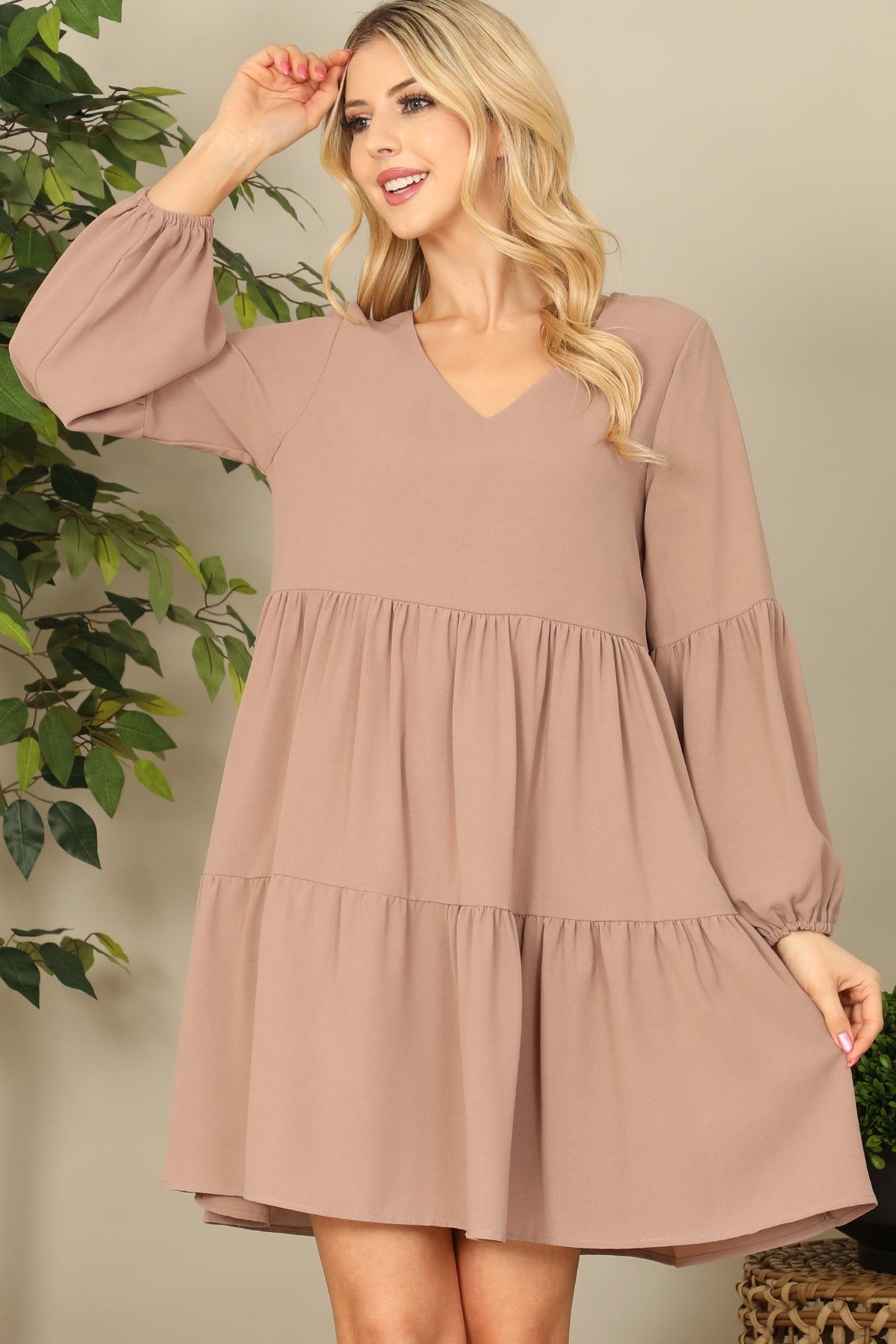 Taupe V-Neck Puff Tiered Dress