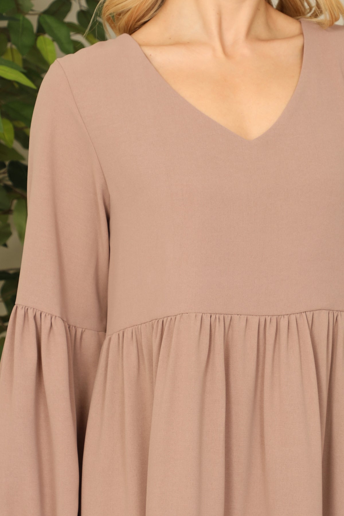 Taupe V-Neck Puff Tiered Dress